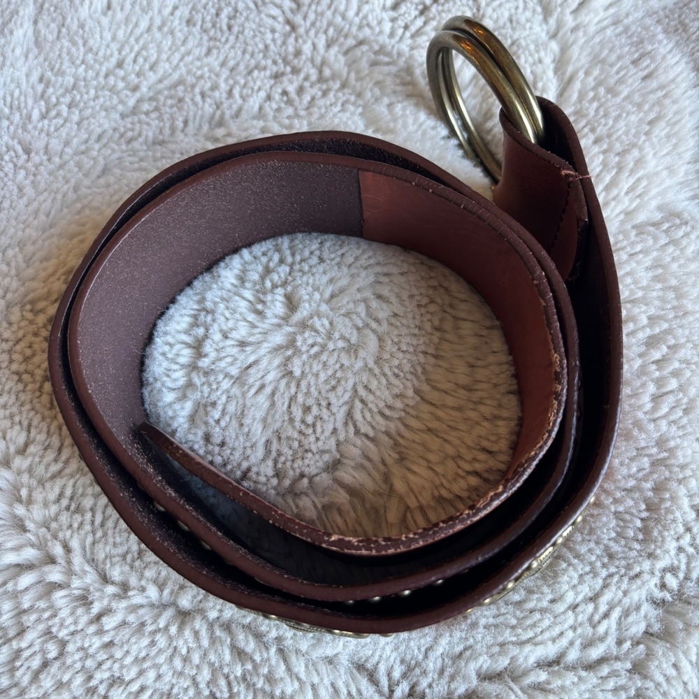 Womens Brown Genuine Leather Western Studded Medallion O-Ring Belt Size M - Picture 6 of 8